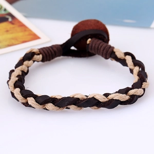 Retro braided leather bracelet for men featuring woven rope and brown wooden beads