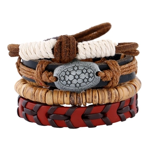 Men Retro Multi Layer Cowhide Leather Bracelet Bohemian Woven Hemp Wax Rope Wood Bead Tribal Style Jewelry Wristband