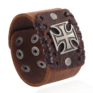 Bracciale punk da uomo in pelle larga con ciondolo a croce e borchie in metallo