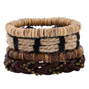Men's Retro Woven Cowhide Leather Bracelets Collection With Coconut Shell Hemp Rope Bohemian Ethnic Stackable Jewelry