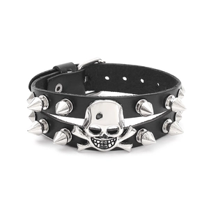 Punk vintage wide leather bracelet with silver skull and metal cone studs for men