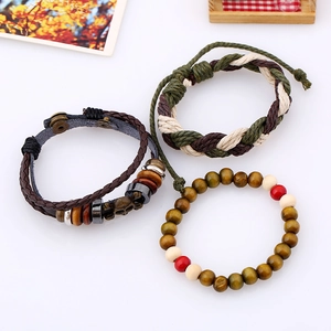 Vintage multilayer woven leather skull charm bracelet set with wooden beads and cotton rope