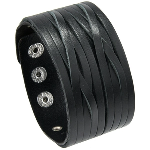 Retro punk black wide leather braided bracelet with adjustable silver metal snap buttons