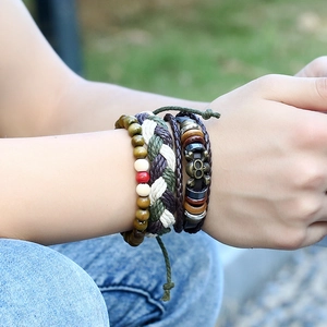 Handmade multilayer leather skull bracelet set with vintage woven cords and wooden beads