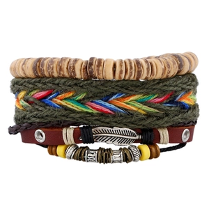Vintage Bohemian Multi Layer Braided Leather Bracelet Men Women Ethnic Adjustable Hemp Rope Wood Bead Feather Charm Bracelet Jewelry