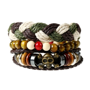 Vintage Multi-layer Leather Bracelet Set Skull Charm Braided Hemp Rope Wood Beads Retro Punk Bohemian Jewelry Gift