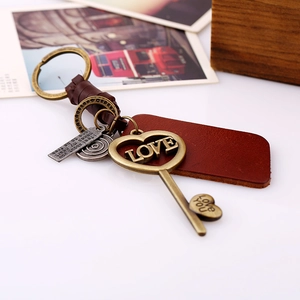 Retro braided leather keychain with vintage LOVE heart pendant and bronze alloy ring