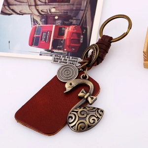 Handmade vintage leather keychain with bronze swan charm and retro London postcard backdrop