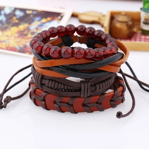 Set di 4 bracciali vintage in pelle boho con corde intrecciate e perle di resina rossa