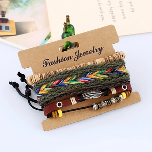 Bohemian multi-layer leather bracelet set with wooden beads and feather charms