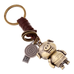 Porte-clés Cochon en Corde de Cuir Tressé Vintage Homme Femme Anneau de Clé Voiture Pendentif Animal en Alliage Style Punk