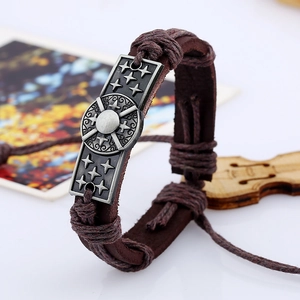 Vintage brown leather woven bracelet with punk metal cross and wave engraved plates