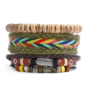 Bohemian multilayer woven leather bracelet set with wooden beads and feather pendant