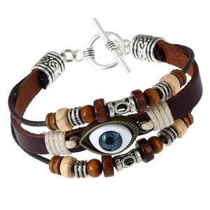 Bracciale Multistrato in Vera Pelle di Vacchetta con Perline Retro Bohémien Malocchio Perline di Legno Tessuto a Mano Gioielli BX182