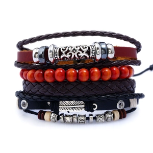 Ensemble de Bracelets en Cuir de Vache Tissé Rétro pour Hommes Punk Multicouche Pendentif Plume Perles en Bois Bijoux