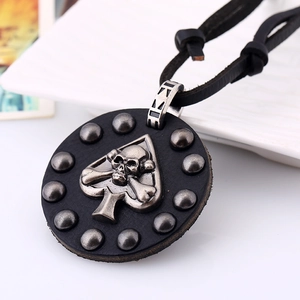 Vintage punk leather necklace featuring a skull and crossbones pendant with metal rivets