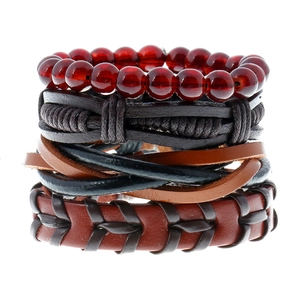 Bracciale Intrecciato in Pelle di Vacchetta da Uomo Vintage Punk Bohemien Multistrato Cordino Cerato Perline Regalo Gioielli