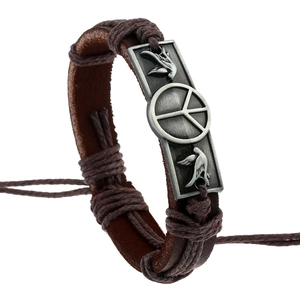 Retro Woven Leather Bracelet For Men Women Adjustable Cord Handmade Peace Sign Antique Alloy Charm Ethnic Wristband Jewelry Gift