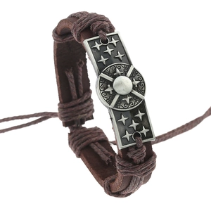 Vintage Punk Men Leather Woven Bracelet Handmade Adjustable Cowhide Alloy Star Cross Pattern Wristband Jewelry Gift