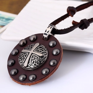Vintage punk style leather necklace with antique silver cross pendant and rivets decoration