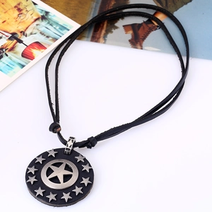 Vintage punk star pendant necklace with double-layer black leather cord for men and women