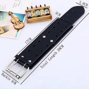 Men's punk black wide leather bracelet with silver buckle and rivets, 28cm length