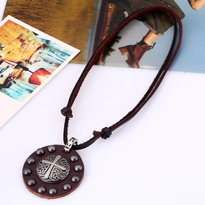 Retro punk leather necklace with embossed metal cross pendant and silver rivet details