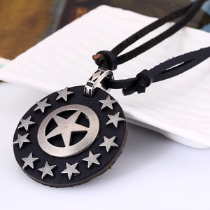 Vintage punk necklace with black leather pendant and silver metal star rivets