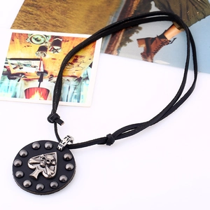 Vintage punk style black leather necklace with silver metal heart skull pendant
