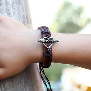 Retro brown braided leather bracelet with winged heart lovely charm for couples