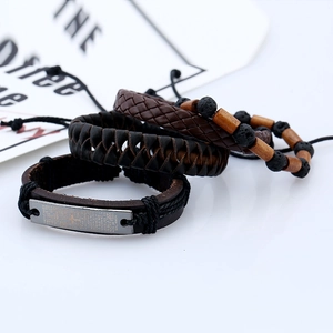 Retro 3-piece men's bracelet set with braided leather, wood beads, and lava stone