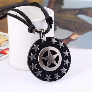 Retro punk leather cord necklace featuring alloy star pendant on a white ceramic mug