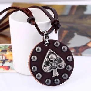 Vintage leather punk necklace with skull spade pendant and silver-tone rivets