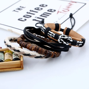 Retro multi-layered braided leather bracelet set with wooden beads in a casual style