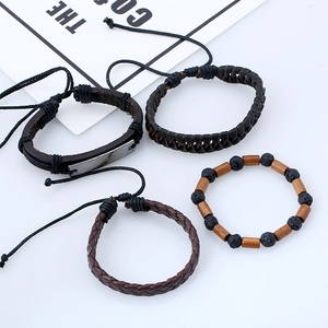 Men's 4-piece vintage leather bracelet set with lava stone and wooden beads on white