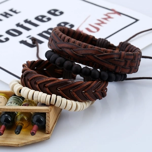 Retro multi-layer hand-woven leather bracelet set for men with beads and adjustable ropes