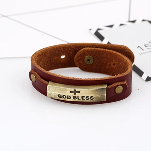 Retro genuine leather bracelet with God Bless metal plate and adjustable studs