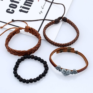 Men's 4pcs retro leather bracelet set with brown braids and silver heart bat wing charm