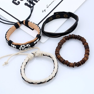 Set of four vintage braided leather and wooden bead bracelets for men in neutral tones