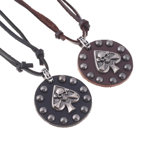 Vintage Punk Cowhide Leather Pendant Necklace For Men Women Handmade Alloy Skull Spade Long Sweater Chain Adjustable Jewelry