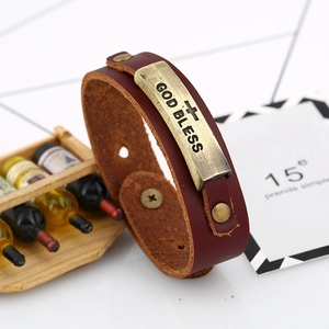 Retro brown leather bracelet with God Bless bronze plaque and snap button closure