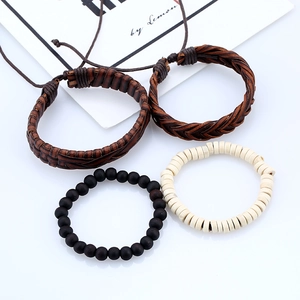 Retro multilayer faux leather braided bracelets and beaded set for men in four pieces