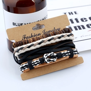 Retro multi-layer woven leather bracelet set with wood beads on display card