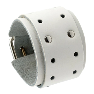 White leather punk bracelet with silver studs and metal buckle closure on white background