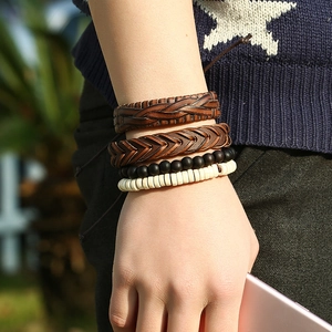 Men's retro layered bracelet set featuring woven brown faux leather and matte beads