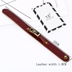 Vintage dark brown cowhide leather bracelet with sunburst brass metal plate, 23cm length
