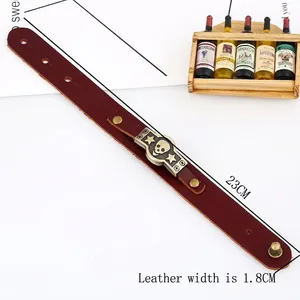 Punk vintage red leather skull bracelet for men with star studs and 23cm snap closure