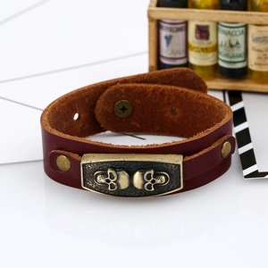 Retro punk brown leather bracelet for men with bronze double skull metal plate