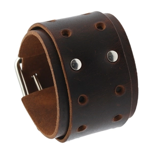 Vintage dark brown wide leather wristband with silver studs and adjustable metal buckle
