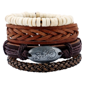 Men Retro Punk Woven Leather Bracelet Set Adjustable Hemp Rope Wood Beads Gecko Charm Bracelet For Daily Travel Jewelry